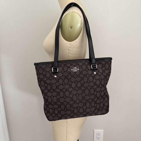COACH Signature Smoke Black Zip Top Tote Signature Jacquard Black Leather Trim - Picture 1 of 11